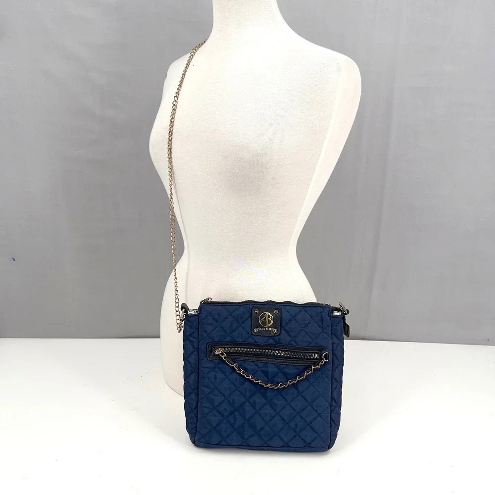 Alexis Bendel Navy Blue Quilted Nylon Crossbody‎ Bag Gold Chain Strap